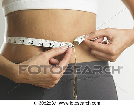 Stock Photo - Closeup of woman measuring her waist. Fotosearch