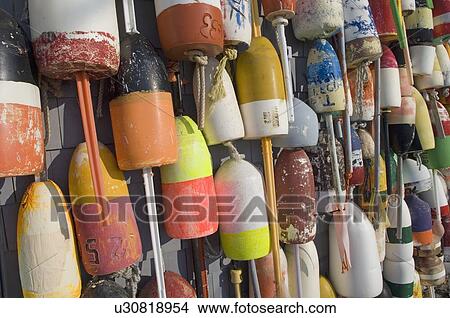 Picture - Colorful buoys hanging against wall. Fotosearch