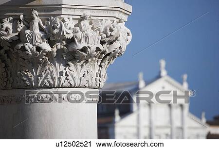 Stock Image - Column of the Doges' Palace with Church of Saint Giorgio Maggiore Venice Italy. Fotosearch