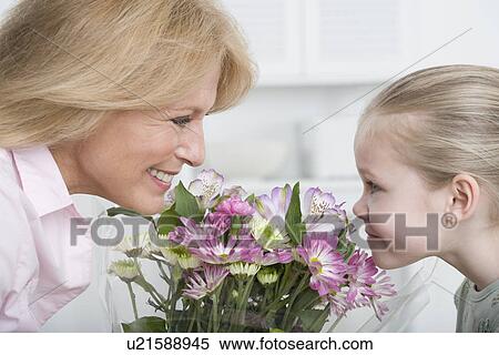 Grandmother and young granddaughter smelling bouquet of flowers View Large Photo Image Stock Photography - Grandmother and young granddaughter smelling bouquet of flowers. Fotosearch