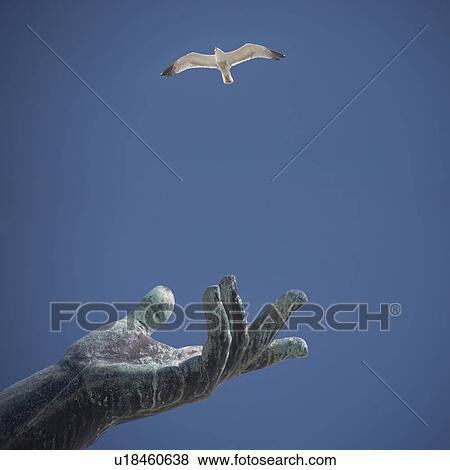 Hand of statue with flying bird View Large Photo Image Stock Photo - Hand of statue with flying bird. Fotosearch
