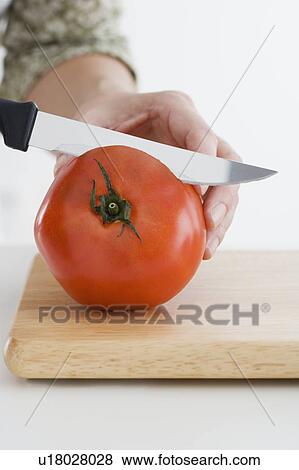 Stock Photo - Hand slicing tomato. Fotosearch