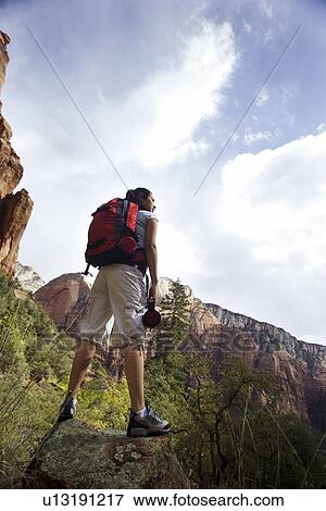 Hiker in Zion National Park, Utah USA View Large Photo Image Stock Photo - Hiker in Zion National Park, Utah USA. Fotosearch