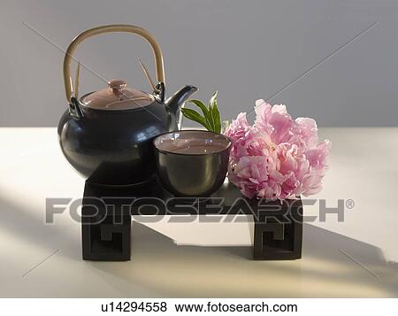 Stock Photo - Lacquer Japanese tea set and peony. Fotosearch