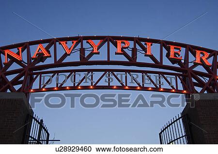 Stock Image - Navy Pier sign in Chicago Illinois USA. Fotosearch