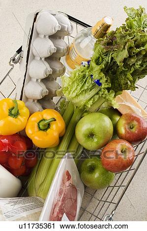 Stock Image - Overhead view of groceries in basket. Fotosearch