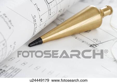Stock Photo - Plumb bob with blueprints. Fotosearch