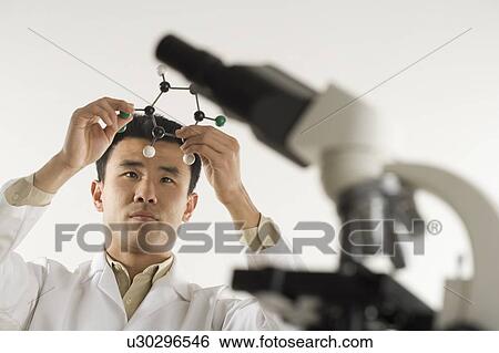 Scientist with microscope holding molecular model View Large Photo Image Stock Photograph - Scientist with microscope holding molecular model. Fotosearch