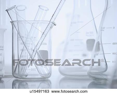 Stock Image - Still life of beakers in lab. Fotosearch