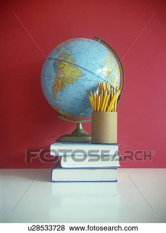 Still life of books, pencils, and globe View Large Photo Image Stock Photo - Still life of books, pencils, and globe. Fotosearch