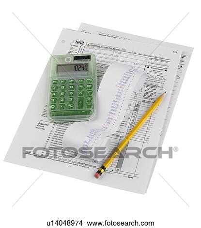 Picture - Still life of tax forms, pencil, calculator. Fotosearch