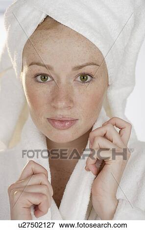 Stock Photo - Woman with towel on head. Fotosearch
