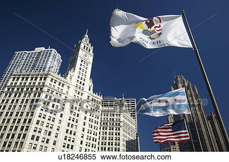 Wrigley Building with flags Chicago Illinois USA View Large Photo Image Stock Photography - Wrigley Building with flags Chicago Illinois USA. Fotosearch
