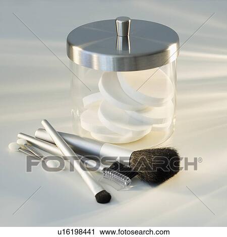 Stock Image - Assorted makeup brushes and applicators. Fotosearch