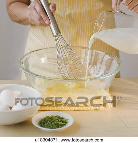Chef whisking milk and egg in bowl View Large Photo Image Stock Image - Chef whisking milk and egg in bowl. Fotosearch