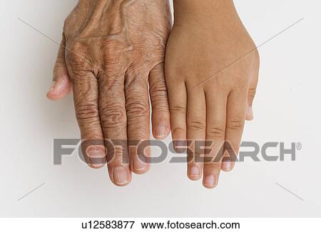 Stock Photo - Close up of child's hand next to senior's hand. Fotosearch