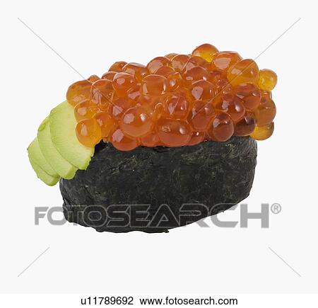 Stock Image - Close up of fish roe sushi. Fotosearch