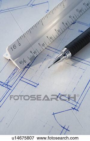 Close up of ruler and pen on blueprints View Large Photo Image Stock Photo - Close up of ruler and pen on blueprints. Fotosearch