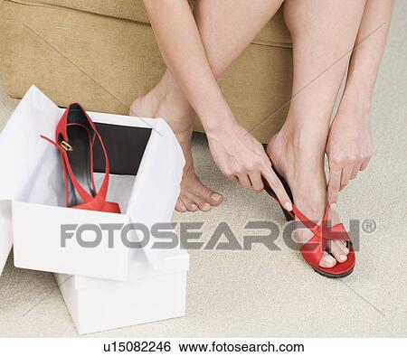 Close up of woman trying on shoes View Large Photo Image Stock Photograph - Close up of woman trying on shoes. Fotosearch