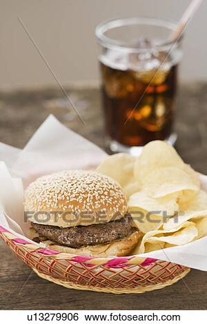 Stock Photograph - Hamburger and chips in basket. Fotosearch