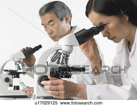 Stock Photography - Man and woman in lab coats using microscopes. Fotosearch