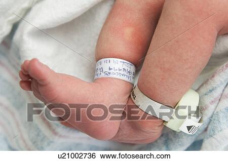 Stock Photograph - Newborn baby's feet with hospital tags. Fotosearch