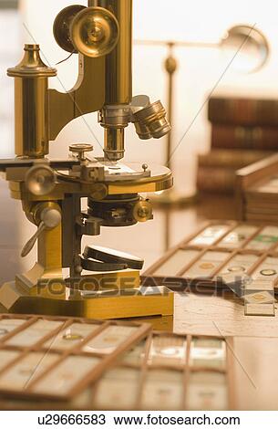 Stock Image - Old fashioned microscope and slides. Fotosearch