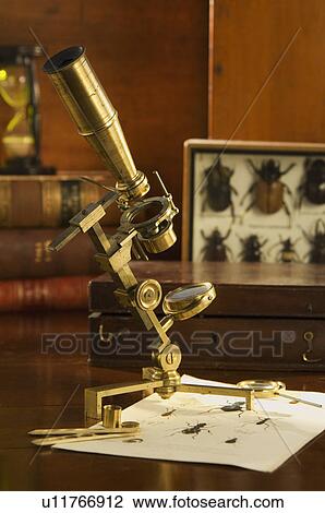 Old fashioned microscope on table View Large Photo Image Stock Image - Old fashioned microscope on table. Fotosearch