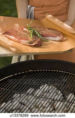 Stock Photo - Person holding steaks next to grill. Fotosearch