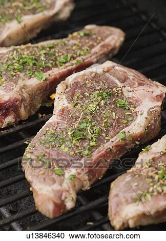 Seasoned pieces of meat on grill View Large Photo Image Stock Image - Seasoned pieces of meat on grill. Fotosearch