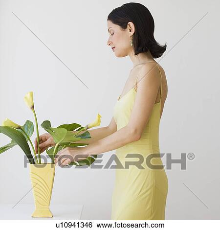 Stock Photograph - Woman arranging flowers in vase. Fotosearch