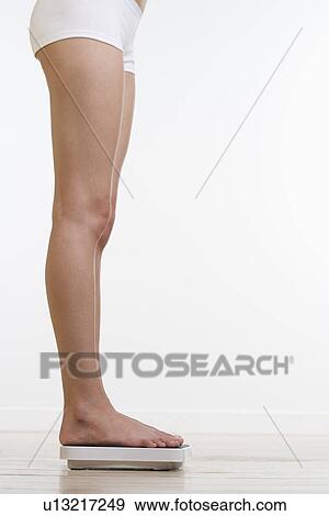 Woman in underwear standing on scale View Large Photo Image Stock Photo - Woman in underwear standing on scale. Fotosearch