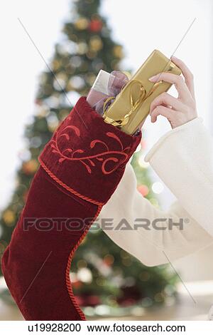 Woman stuffing gifts into Christmas stocking View Large Photo Image Stock Image - Woman stuffing gifts into Christmas stocking. Fotosearch