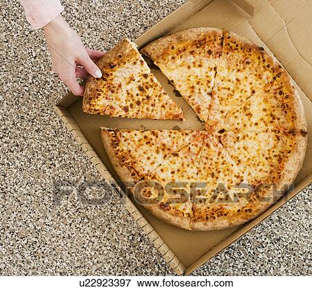 Stock Photo - Woman taking slice of pizza from box. Fotosearch