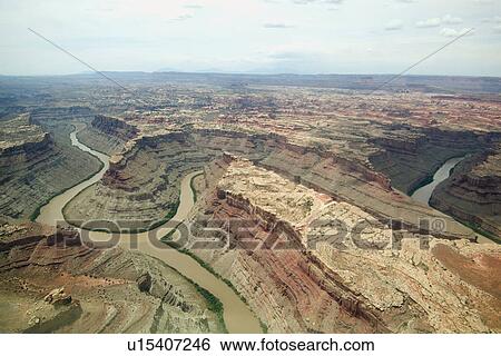 Stock Photograph - Aerial view of rivers in canyon, Colorado River, Green River, Canyonlands National Park, Moab, Utah, United States. Fotosearch