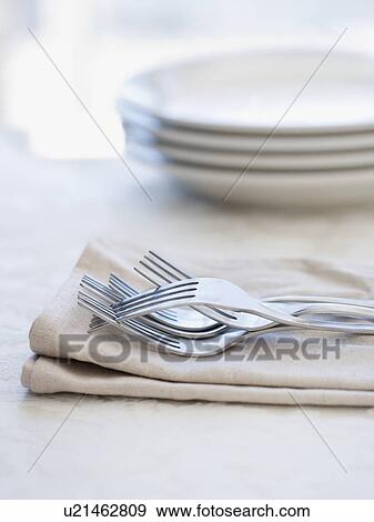 Close up of forks on napkin View Large Photo Image Stock Photo - Close up of forks on napkin. Fotosearch