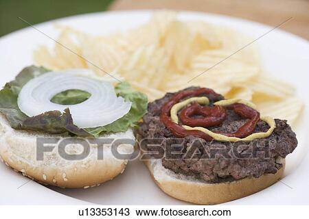 Closeup of a hamburger on a plate View Large Photo Image Stock Image - Closeup of a hamburger on a plate. Fotosearch