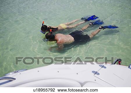 Stock Image - Couple snorkeling in water, Florida, United States. Fotosearch