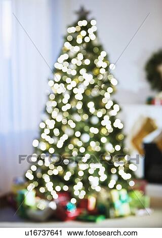 Stock Image - Defocused shot of Christmas tree. Fotosearch