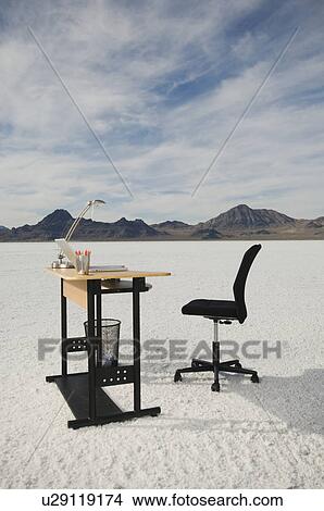 Picture - Desk with laptop on salt flats, Salt Flats, Utah, United States. Fotosearch