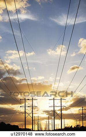 Stock Photo - Electrical poles and wires at sunset. Fotosearch