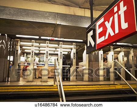 exit sign in New York City subway station View Large Photo Image Picture - exit sign in New York City subway station. Fotosearch