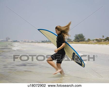 Girl running into water with surfboard, Florida, United States View Large Photo Image Stock Image - Girl running into water with surfboard, Florida, United States. Fotosearch