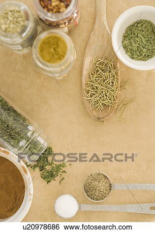High angle view of assorted spices View Large Photo Image Stock Photograph - High angle view of assorted spices. Fotosearch