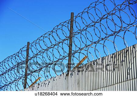 Low angle view of barbed wire fence View Large Photo Image Picture - Low angle view of barbed wire fence. Fotosearch