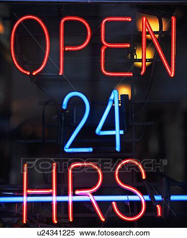 Stock Photography - open 24 hours neon sign. Fotosearch