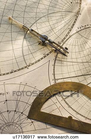Protractor and drafting compass on antique map View Large Photo Image Stock Photo - Protractor and drafting compass on antique map. Fotosearch