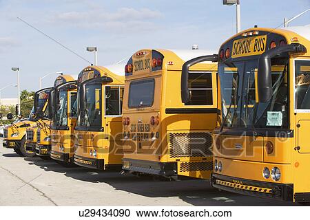 Stock Image - Row of school buses. Fotosearch