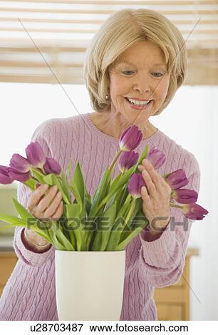 Senior woman arranging flowers View Large Photo Image Stock Photo - Senior woman arranging flowers. Fotosearch