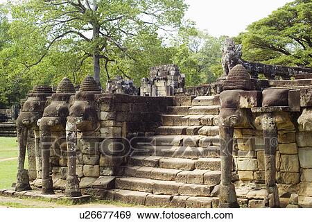 Stock Photo - Terrace of the Elephants at ancient Temple Angkor Thom Angkor Wat Cambodia Khmer. Fotosearch
